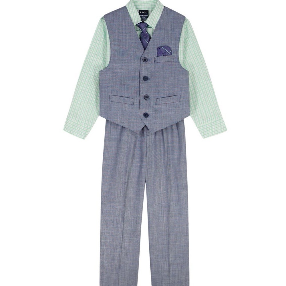 IZOD Boys Size 6 4-Piece Dress Suit Set Blue Plaid Vest Pants Mint Green Shirt